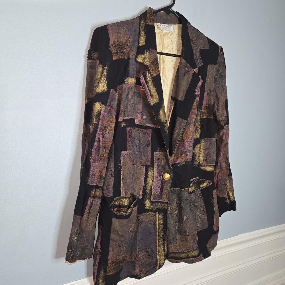 Vintage 80s 90s Womens Black Purple Gold Art Abstract Blazer Jacket Size Medium - Picture 2 of 6